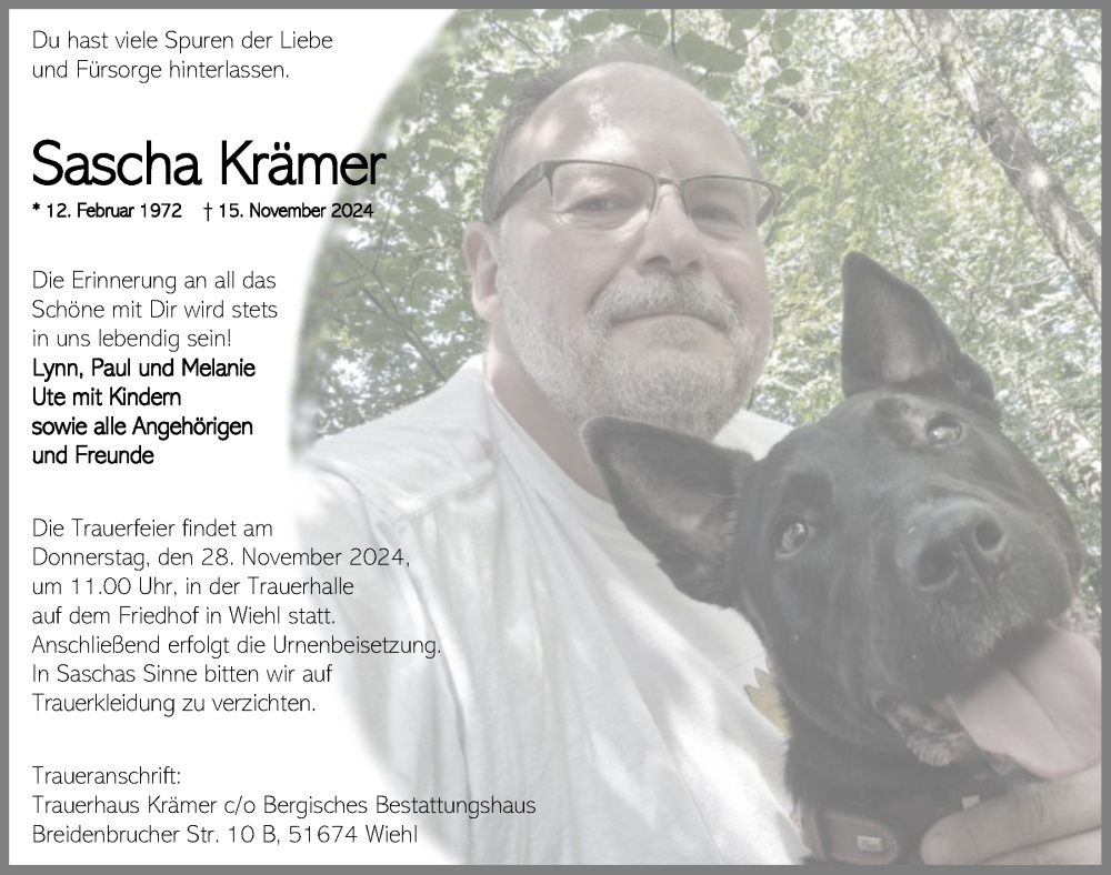  Traueranzeige für Sascha Krämer vom 22.11.2024 aus  Anzeigen Echo 