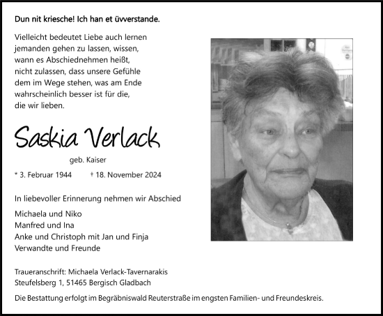 Anzeige von Saskia Verlack von  Bergisches Handelsblatt 