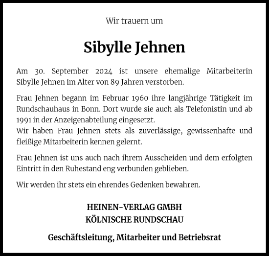 Anzeige von Sibylle Jehnen von Kölner Stadt-Anzeiger / Kölnische Rundschau / Express