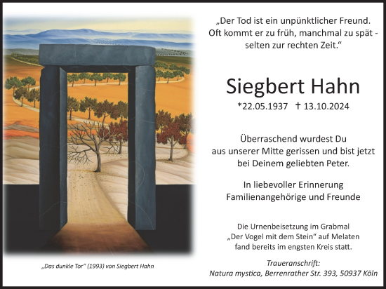 Anzeige von Siegbert Hahn von Kölner Stadt-Anzeiger / Kölnische Rundschau / Express