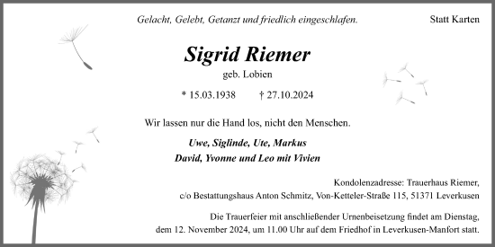 Anzeige von Sigrid Riemer von Kölner Stadt-Anzeiger / Kölnische Rundschau / Express