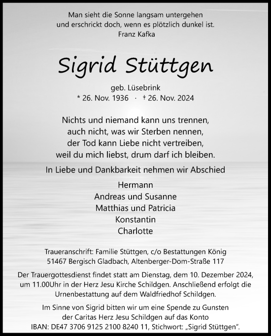 Anzeige von Sigrid Stüttgen von Kölner Stadt-Anzeiger / Kölnische Rundschau / Express