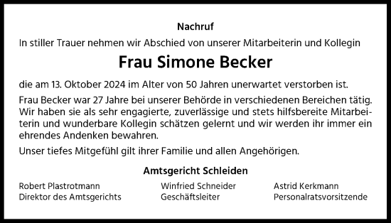 Anzeige von Simone Becker von Kölner Stadt-Anzeiger / Kölnische Rundschau / Express