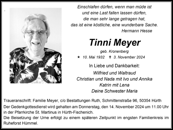 Anzeige von Tinni Meyer von  Wochenende 
