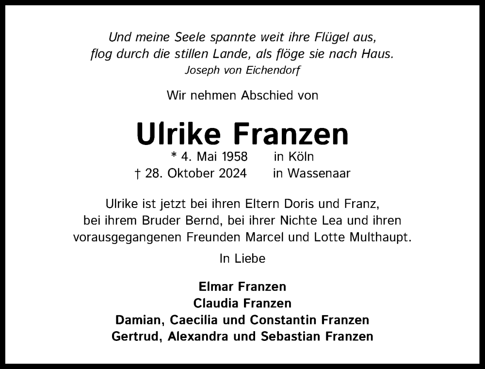  Traueranzeige für Ulrike Franzen vom 02.11.2024 aus Kölner Stadt-Anzeiger / Kölnische Rundschau / Express
