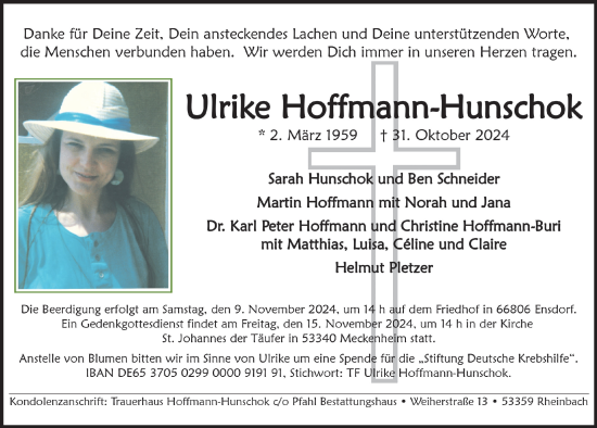 Anzeige von Ulrike Hoffmann-Hunschok von  Schaufenster/Blickpunkt 