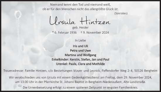 Anzeige von Ursula Hintzen von  Werbepost 