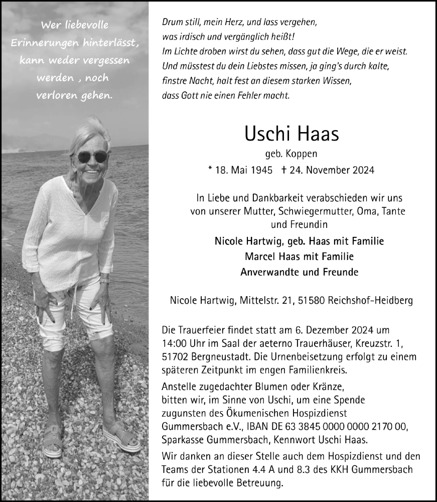  Traueranzeige für Uschi Haas vom 29.11.2024 aus  Anzeigen Echo  Lokalanzeiger 