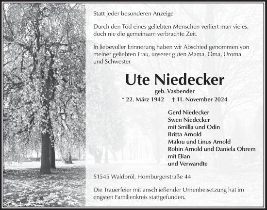Anzeige von Ute Niedecker von  Lokalanzeiger 