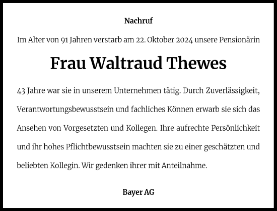 Anzeige von Waltraud Thewes von Kölner Stadt-Anzeiger / Kölnische Rundschau / Express