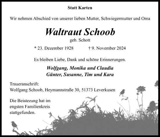 Anzeige von Waltraut Schoob von Kölner Stadt-Anzeiger / Kölnische Rundschau / Express