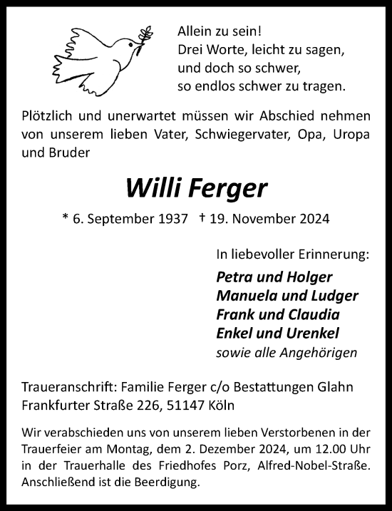 Anzeige von Willi Ferger von  EXPRESS - Die Woche 