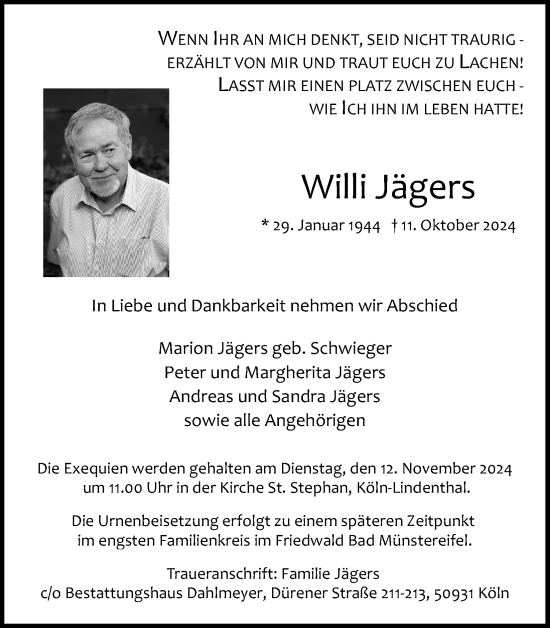 Anzeige von Willi Jägers von Kölner Stadt-Anzeiger / Kölnische Rundschau / Express