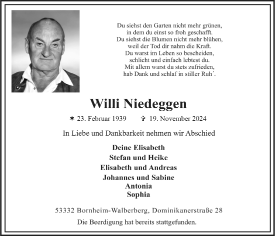 Anzeige von Willi Niedeggen von  Schlossbote/Werbekurier 