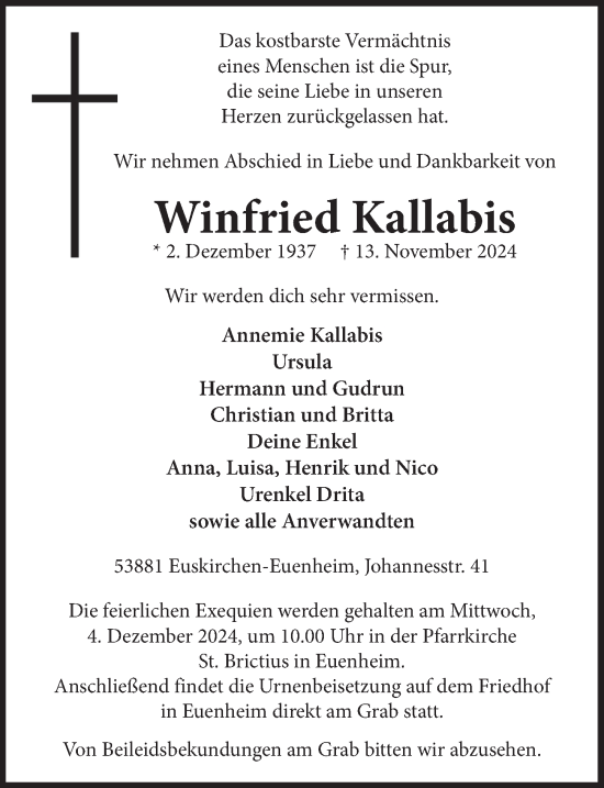 Anzeige von Winfried Kallabis von  Blickpunkt Euskirchen 