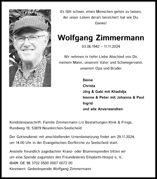 Anzeige von Wolfgang Zimmermann von Kölner Stadt-Anzeiger / Kölnische Rundschau / Express