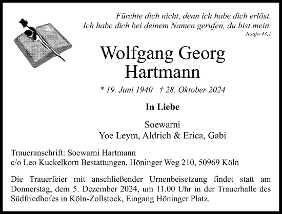 Anzeige von Wolfgang Georg Hartmann von Kölner Stadt-Anzeiger / Kölnische Rundschau / Express