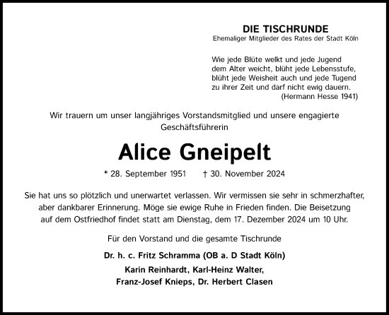 Anzeige von Alice Gneipelt von Kölner Stadt-Anzeiger / Kölnische Rundschau / Express