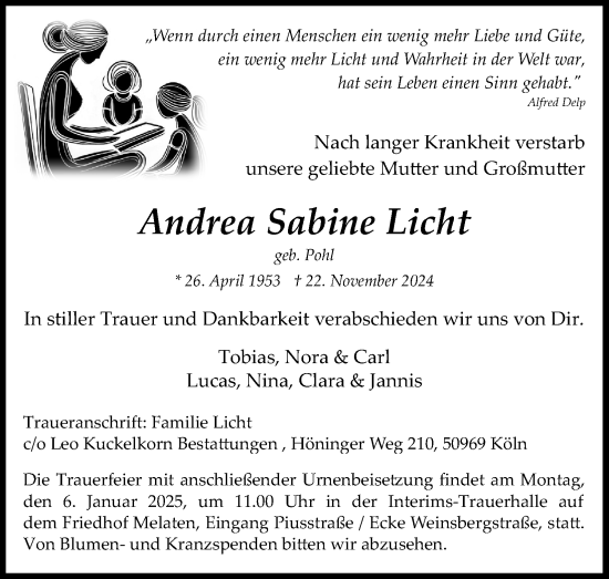 Anzeige von Andrea Sabine Licht von Kölner Stadt-Anzeiger / Kölnische Rundschau / Express