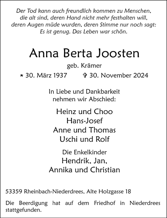 Anzeige von Anna Berta Joosten von  Schaufenster/Blickpunkt 