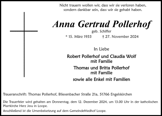 Anzeige von Anna Gertrud Pollerhof von  Anzeigen Echo 