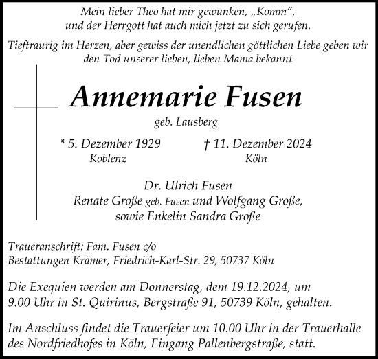 Anzeige von Annemarie Fusen von Kölner Stadt-Anzeiger / Kölnische Rundschau / Express