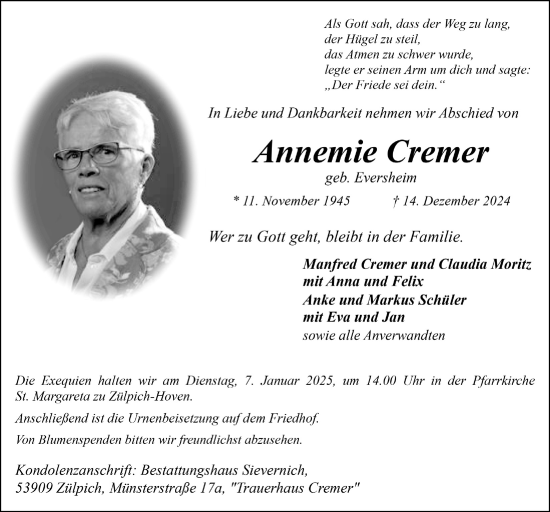 Anzeige von Annemie Cremer von  Blickpunkt Euskirchen 