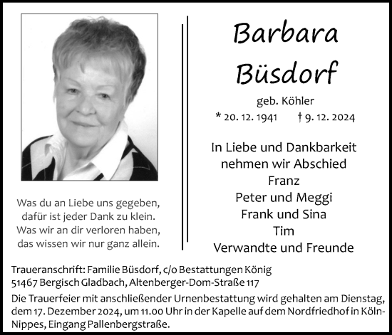 Anzeige von Barbara Büsdorf von Kölner Stadt-Anzeiger / Kölnische Rundschau / Express