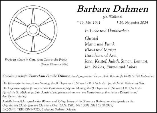 Anzeige von Barbara Dahmen von  Schlossbote/Werbekurier 