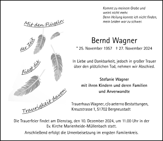 Anzeige von Bernd Wagner von  Anzeigen Echo 