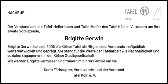 Anzeige von Brigitte Gerwin von Kölner Stadt-Anzeiger / Kölnische Rundschau / Express