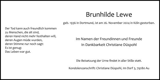 Anzeige von Brunhilde Lewe von Kölner Stadt-Anzeiger / Kölnische Rundschau / Express