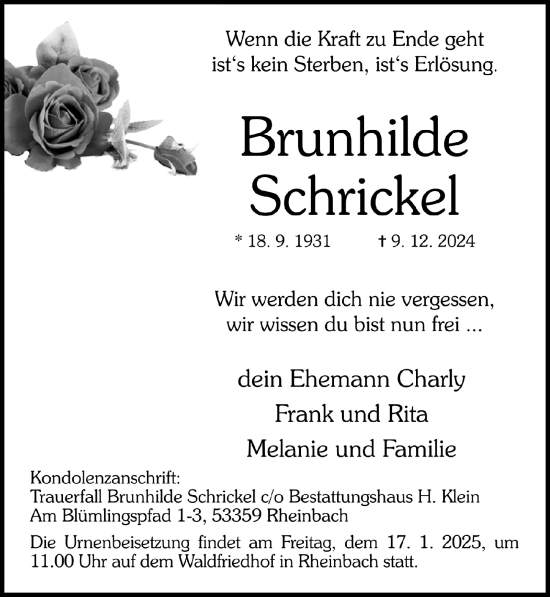 Anzeige von Brunhilde Schrickel von  Schaufenster/Blickpunkt 