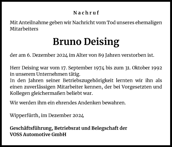 Anzeige von Bruno Deising von Kölner Stadt-Anzeiger / Kölnische Rundschau / Express