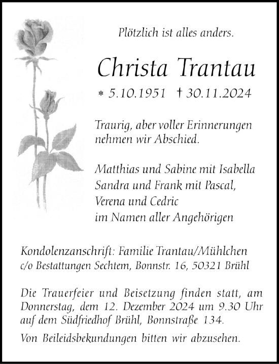 Anzeige von Christa Trantau von  Schlossbote/Werbekurier 