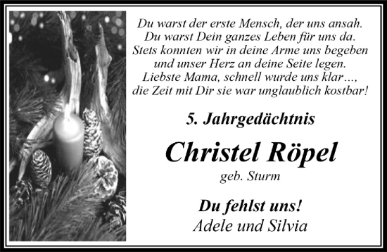 Anzeige von Christel Röpel von  Wochenende 