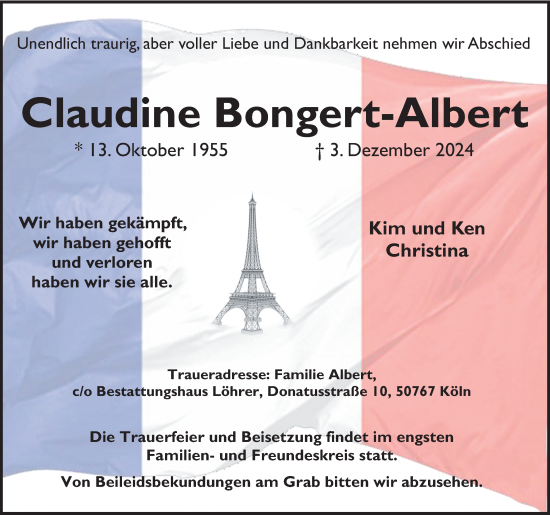 Anzeige von Claudine Bongert-Albert von Kölner Stadt-Anzeiger / Kölnische Rundschau / Express