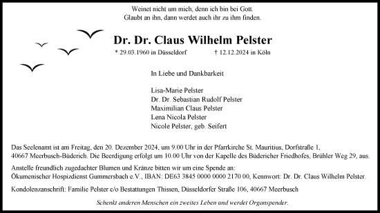 Anzeige von Claus Wilhelm Pelster von Kölner Stadt-Anzeiger / Kölnische Rundschau / Express
