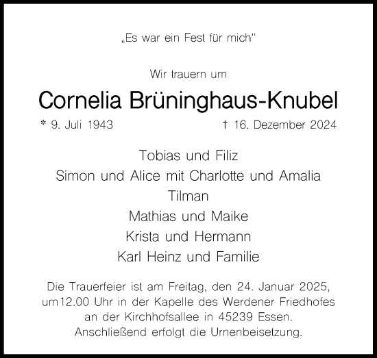 Anzeige von Cornelia Brninghaus-Knubel von Kölner Stadt-Anzeiger / Kölnische Rundschau / Express