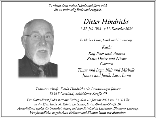 Anzeige von Dieter Hindrichs von  Werbepost 