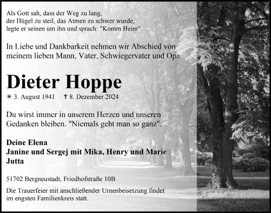 Anzeige von Dieter Hoppe von  Anzeigen Echo 