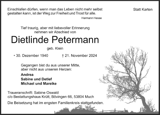 Anzeige von Dietlinde Petermann von  Bergisches Handelsblatt 