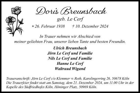 Anzeige von Doris Breunsbach von Kölner Stadt-Anzeiger / Kölnische Rundschau / Express