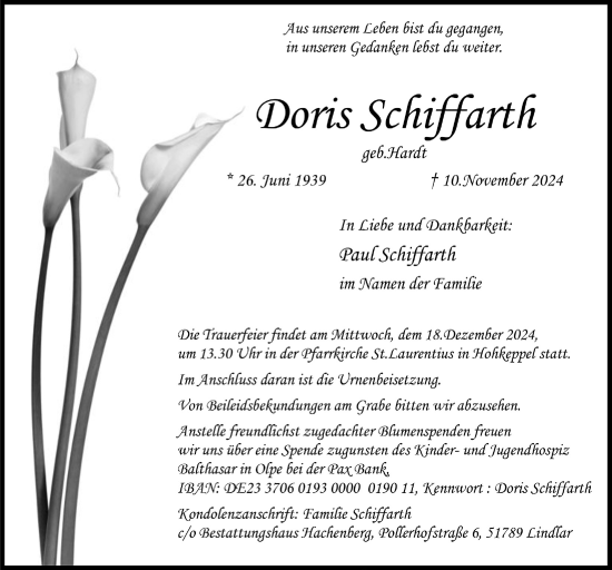 Anzeige von Doris Schiffarth von  Anzeigen Echo 