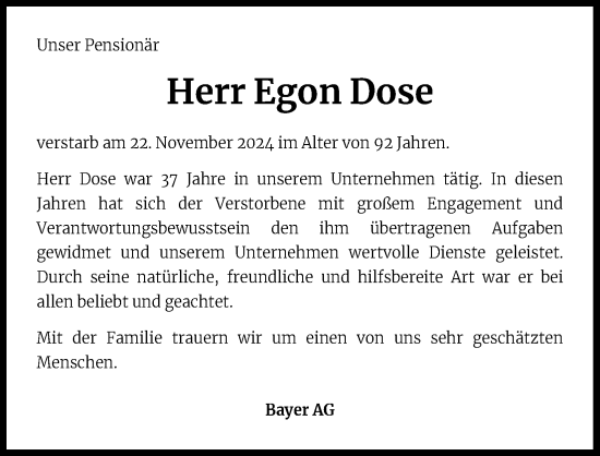 Anzeige von Egon Dose von Kölner Stadt-Anzeiger / Kölnische Rundschau / Express