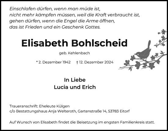 Anzeige von Elisabeth Bohlscheid von Kölner Stadt-Anzeiger / Kölnische Rundschau / Express