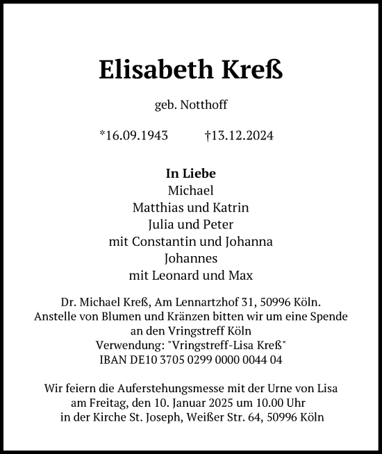 Anzeige von Elisabeth Kreß von Kölner Stadt-Anzeiger / Kölnische Rundschau / Express