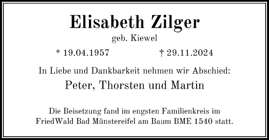 Anzeige von Elisabeth Zilger von Kölner Stadt-Anzeiger / Kölnische Rundschau / Express