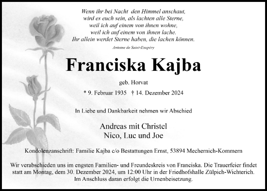 Anzeige von Franciska Kajba von  Blickpunkt Euskirchen 