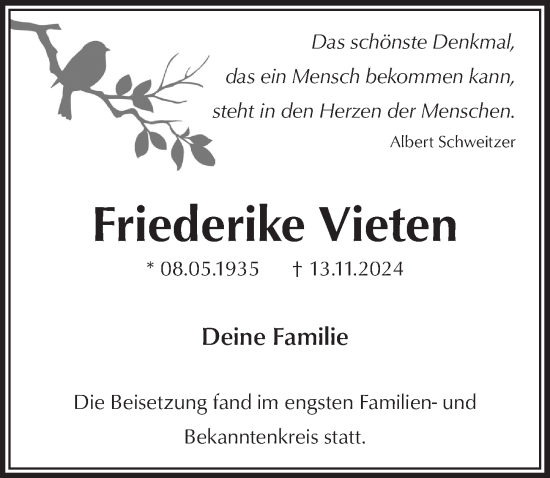 Anzeige von Friederike Vieten von  Bergisches Handelsblatt 